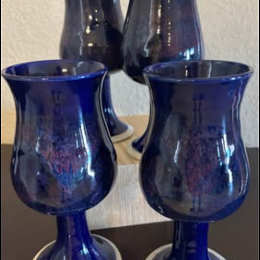 Mid-Century Blue Glazed Goblets Set of 4 Cobalt Blue Glassware pre-owned - Picture 2 of 4